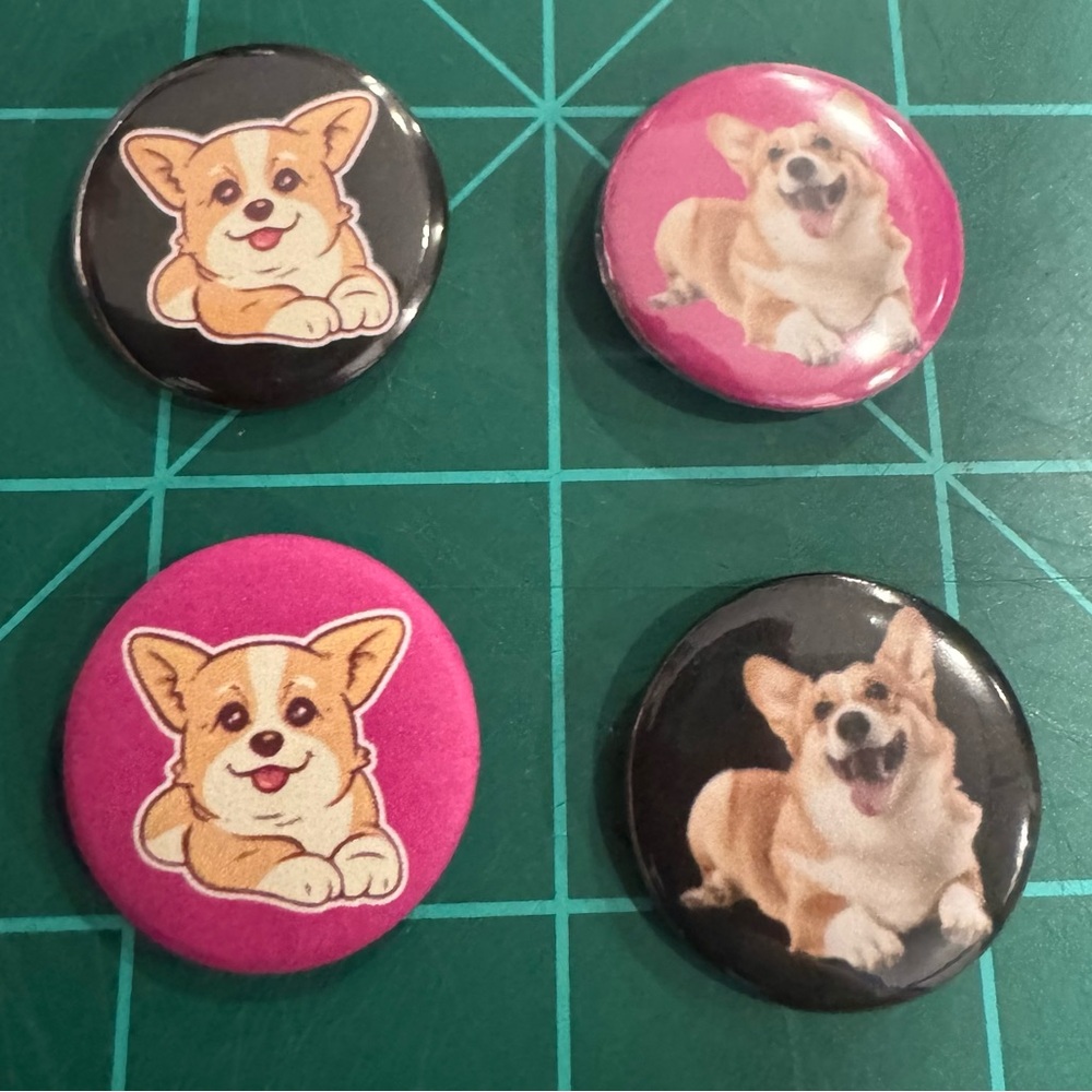 Corgi Dog Pins – 1” Button Set of 4 Cute Cartoon & Photo Style